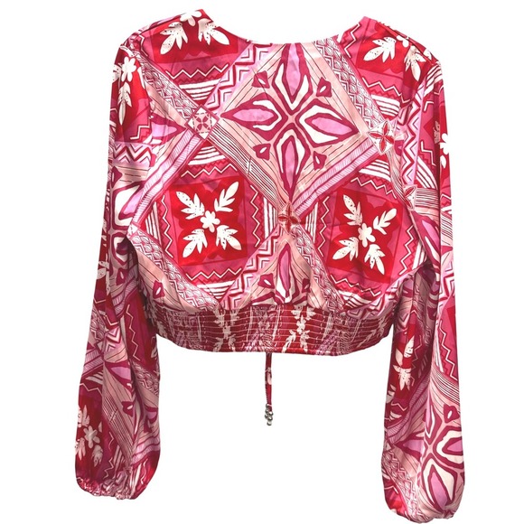Caroline Constas Crop Top Pink Tribal Print Long Sleeve Blouse Keyhole Size L - Picture 2 of 8
